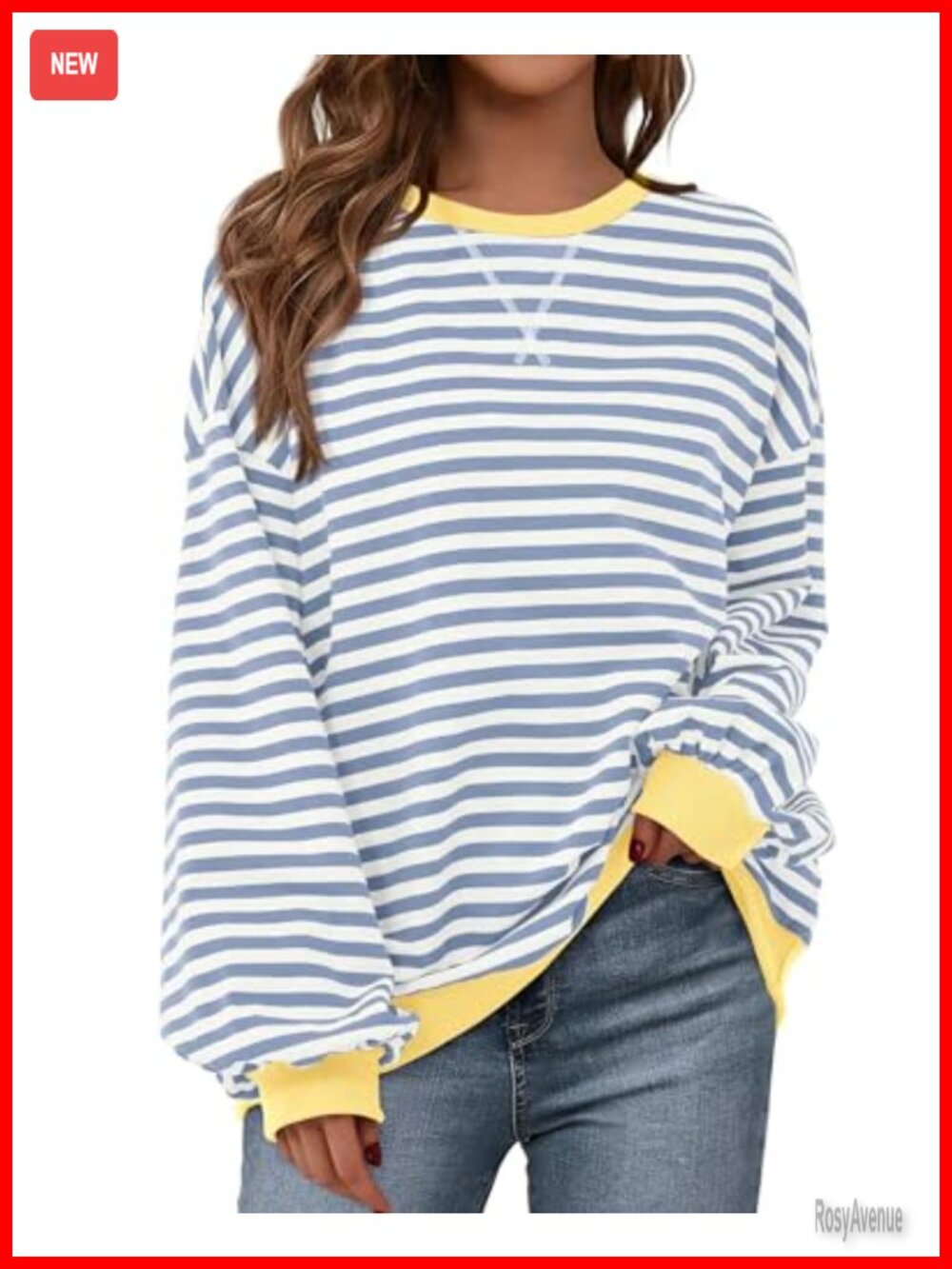 Oversized Striped Crewneck Sweatshirt Lantern Sleeve Loose Fit Pullover